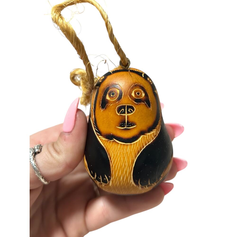 Vintage Hand-Carved Panda Peruvian Gourd Ornament Folk Art